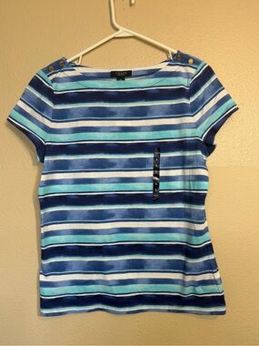Chaps Women's Blue Striped Short-Sleeve 100% cotton Top